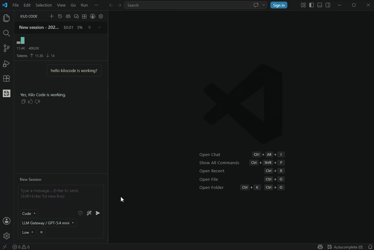 Kilo Code chat active with DigitSpace